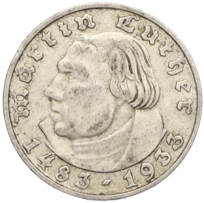 2 рейхсмарки 1933 года D Германия «450 лет со дня рождения Мартина Лютера»