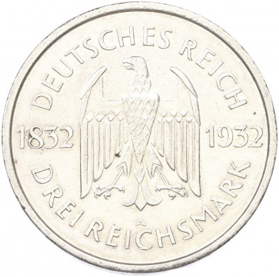 3 рейхсмарки 1932 года A Германия «100 лет со дня смерти Гете»