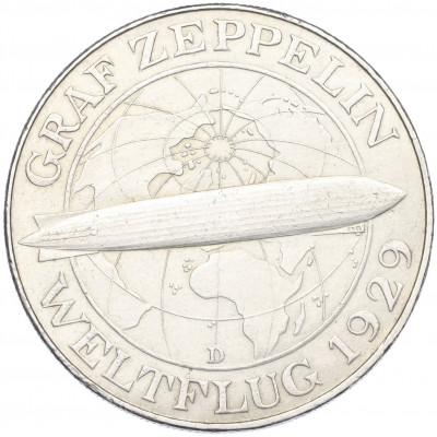 5 рейхсмарок 1930 года D Германия «Полет дирижабля Граф Цеппелин»