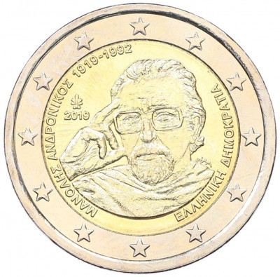 2 евро 2019 года Греция «100 лет со дня рождения Манолиса Андроникоса»