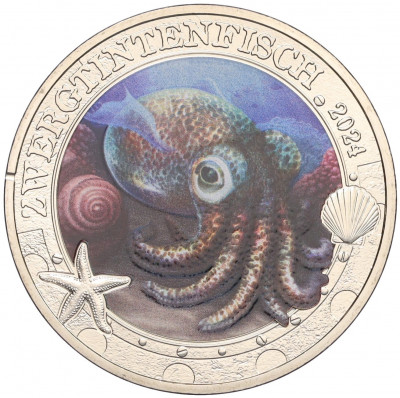 3 евро 2024 года Австрия «Светящаяся морская жизнь — Кальмар-бобтейл»