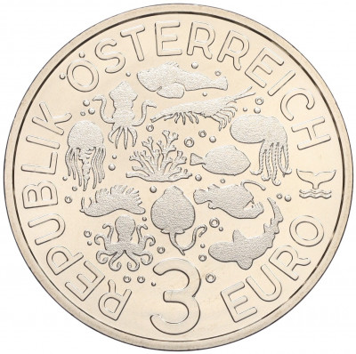 3 евро 2024 года Австрия «Светящаяся морская жизнь — Кальмар-бобтейл»