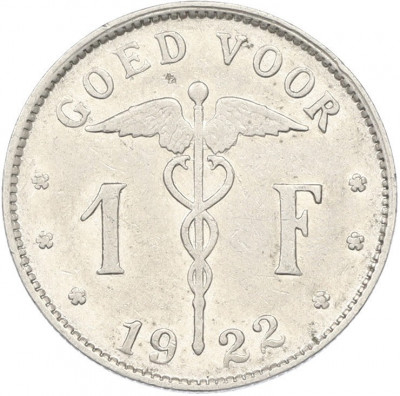 1 франк 1922 года Бельгия — Надпись на фламандском (BELGIE)