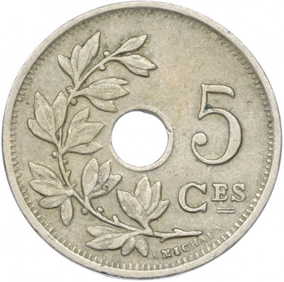 5 сантимов 1925 года Бельгия — Надпись на французском (BELGIQUE)