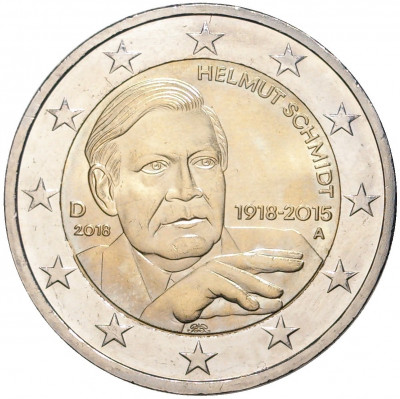 2 евро 2018 года А Германия «100 лет со дня рождения Гельмута Шмидта»