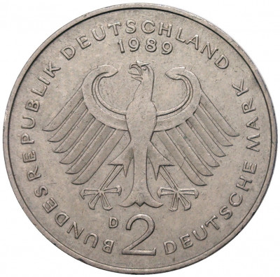 2 марки 1989 года D Западная Германия (ФРГ) «Курт Шумахер»