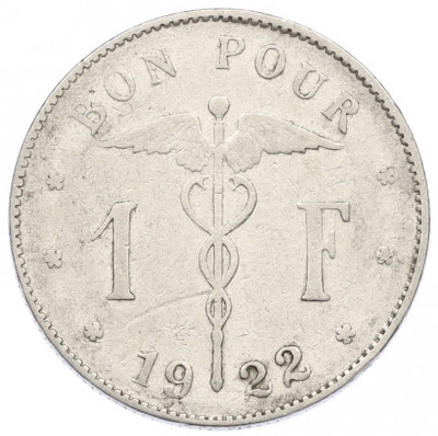 1 франк 1922 года Бельгия (Надпись на французском — BELGIQUE)