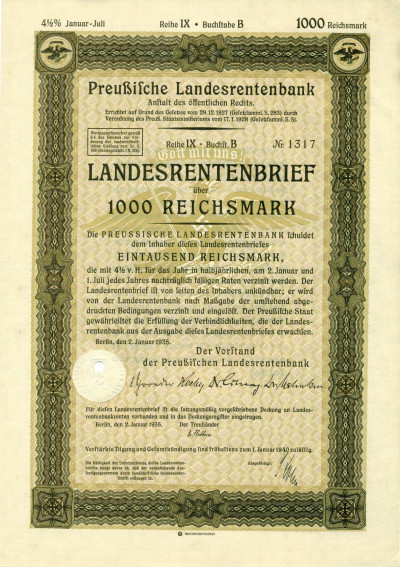 4 1/2% облигация на 1000 рейхсмарок 1935 года Германия (Прусский государственный пенсионный банк)