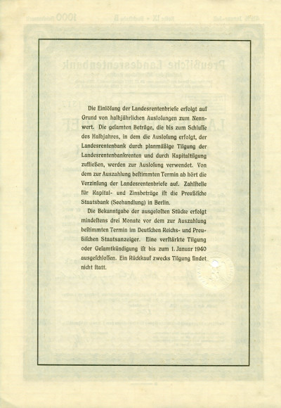 4 1/2% облигация на 1000 рейхсмарок 1935 года Германия (Прусский государственный пенсионный банк)
