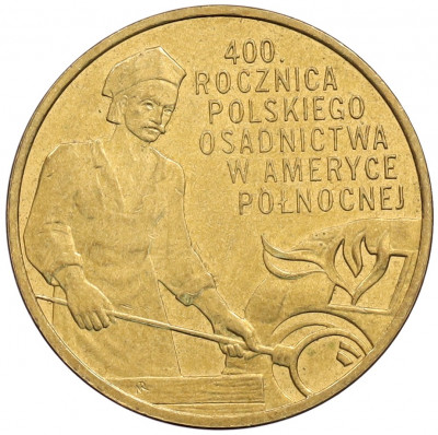 2 злотых 2008 года Польша «400 лет польским поселениям в Северной Америке»