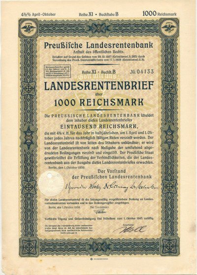 4 1/2% акция (облигация) 1000 рейхсмарок 1939 года Германия