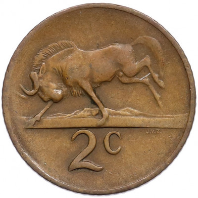 2 цента 1965 года ЮАР — Надпись на английском языке (SOUTH AFRICA)
