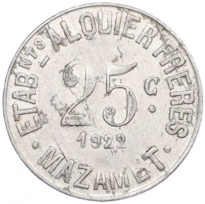 25 сантимов 1922 года Франция — комунна Мазаме (Нотгельд)