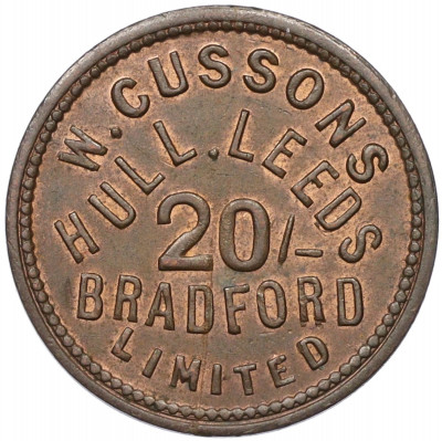 Торговый жетон на 20 шиллингов 1892 года компания «William Cussons Limited» Великобритания