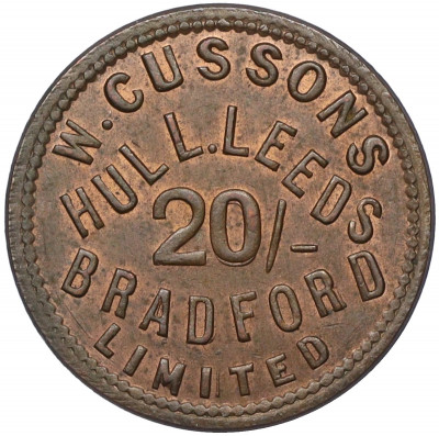 Торговый жетон на 20 шиллингов 1892 года компания «William Cussons Limited» Великобритания