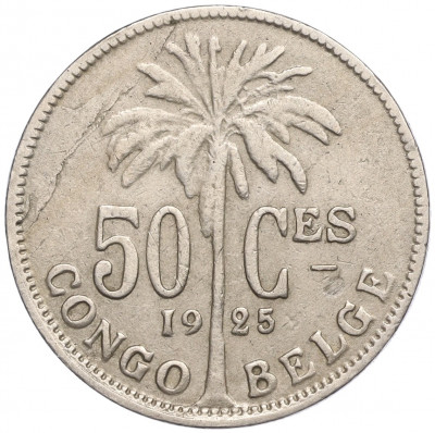 50 сантимов 1925 года Бельгийское Конго — легенда на французском (CONGO BELGE / DES BELGES)