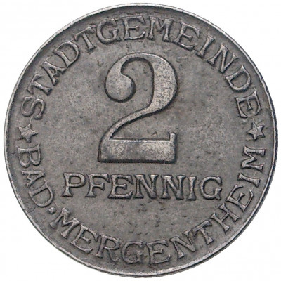 2 пфеннига 1920 года Германия — город Мергентхайм (Нотгельд)