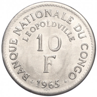 10 франков 1965 года Конго (ДРК)