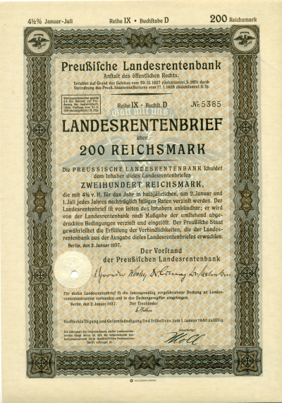 4 1/2% облигация на 200 рейхсмарок 1937 года Германия (Прусский государственный пенсионный банк)