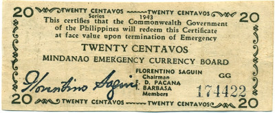 20 сентаво 1943 года Филиппины — провинция Минданао