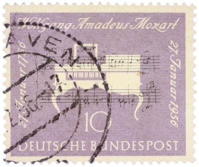 Почтовая марка 10 пфеннигов 1956 года Западная Германия (ФРГ) «200-летие со дня рождения Вольфганга Амадея Моцарта»