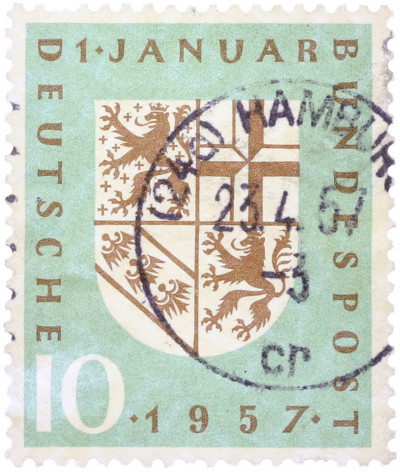 Почтовая марка 10 пфеннигов 1957 года Западная Германия (ФРГ) «Реинтеграция Саарской области в состав ФРГ»