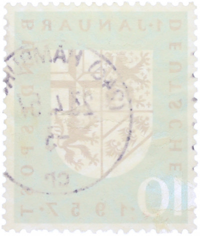 Почтовая марка 10 пфеннигов 1957 года Западная Германия (ФРГ) «Реинтеграция Саарской области в состав ФРГ»