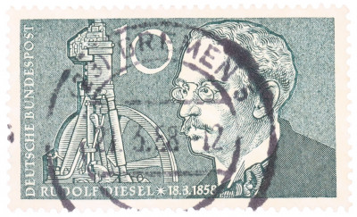 Почтовая марка 10 пфеннигов 1958 года Западная Германия (ФРГ) «Рудольф Дизель и изобретение мотора»