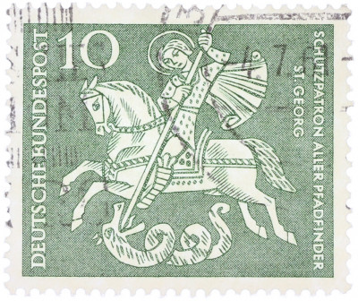 Почтовая марка 10 пфеннигов 1961 года Западная Германия (ФРГ) «Георгий Победоносец»