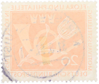 Почтовая марка 20 пфеннигов 1957 года Западная Германия (ФРГ) «Выставка почтовых марок в Кельне — Флора и филателия»