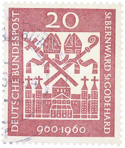 Почтовая марка 20 пфеннигов 1960 года Западная Германия (ФРГ) «1000-летие епископов Бернварду и Годехарду»