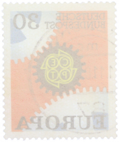 Почтовая марка 30 пфеннигов 1967 года Западная Германия (ФРГ) «Европейская конференция администраций почтовых служб и служб связи CEPT — Механизм»