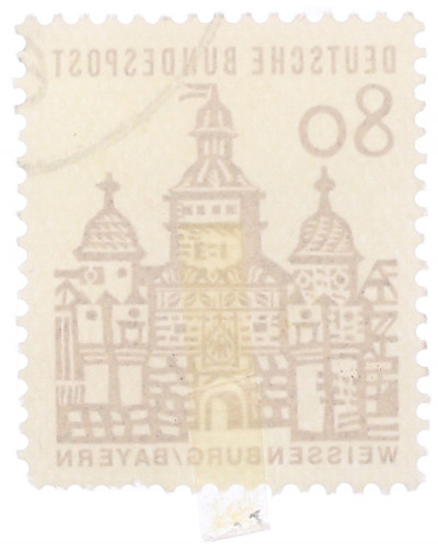 Почтовая марка 80 пфеннигов 1965 года Западная Германия (ФРГ) «Немецкие постройки XII века — Ворота Эллингера в Вайсенбурге»