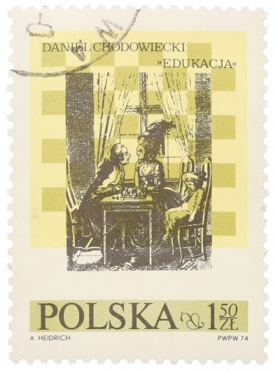 Почтовая марка 1.5 злотых 1974 года Польша «10-й Международный шахматный фестиваль в Люблине — Образование (Даниэль Миколай Ходовецкий)»