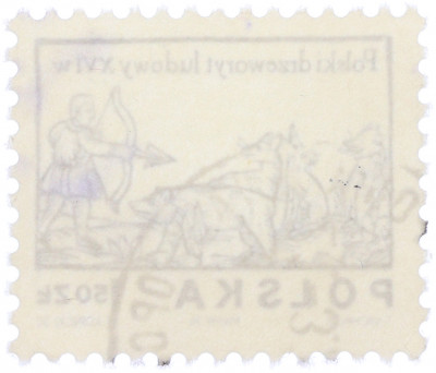 Почтовая марка 1.50 злотых 1974 года Польша «Польский народный лубок XVI в. — Охотник с луком и стрелами»