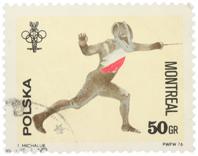 Почтовая марка 50 грошей 1976 года Польша «XXI летние Олимпийские игры в Монреале — Фехтование»