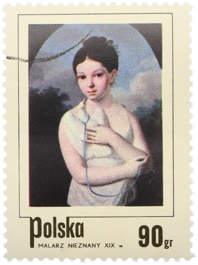 Почтовая марка 90 грошей 1974 года Польша «Девушка с голубем»