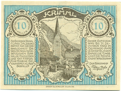 10 геллеров 1920 года Австрия — Кримль (Нотгельд)