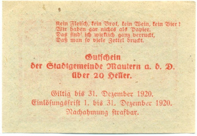 20 геллеров 1920 года Австрия — Маутерн-на-Дунае (Нотгельд)
