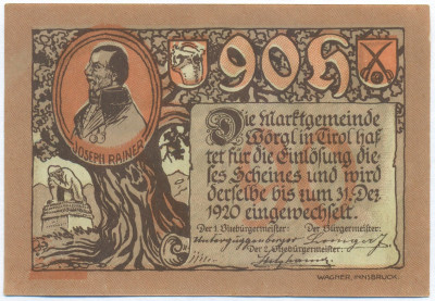 90 геллеров 1920 года Австрия — торговая община Вергль в Тироле (Нотгельд)