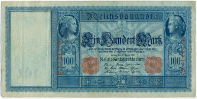 100 марок 1910 года Германия (Красные номера и печати)