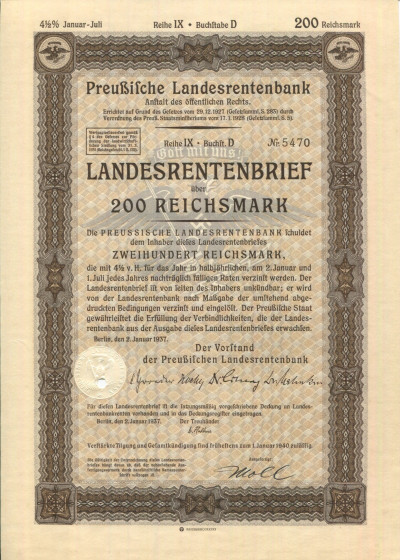 Акция (облигация) 200 рейхсмарок 1937 года Германия