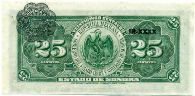 25 сентаво 1915 года Мексика (Штат Сонора)