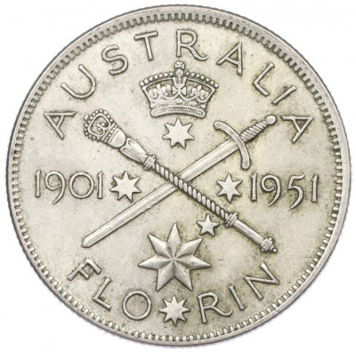 1 флорин 1951 года Австралия «50 лет Федерации»