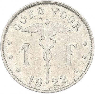 1 франк 1922 года Бельгия — Надпись на фламандском (BELGIE)