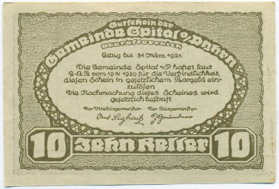 10 геллеров 1920 года Австрия — община Шпиталь-ам-Пюрн (Нотгельд)