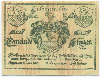 10 геллеров 1920 года Австрия — община Штееген (Нотгельд)