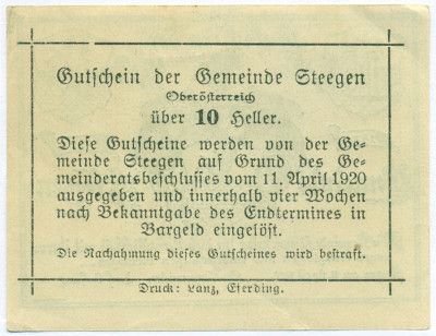 10 геллеров 1920 года Австрия — община Штееген (Нотгельд)