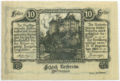 10 геллеров 1920 года Австрия — торговая община Лайбен (Нотгельд)
