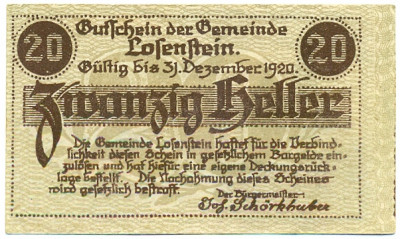 20 геллеров 1919 года Австрия — Лозенштайн (Нотгельд)